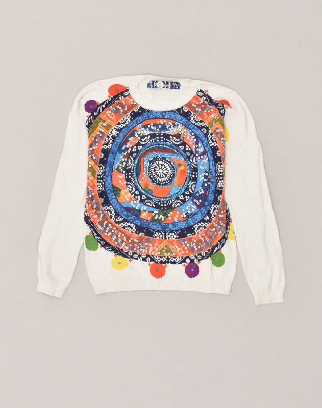 DESIGUAL Girls Graphic Crew Neck Jumper Sweater 9-10 Years White Geometric