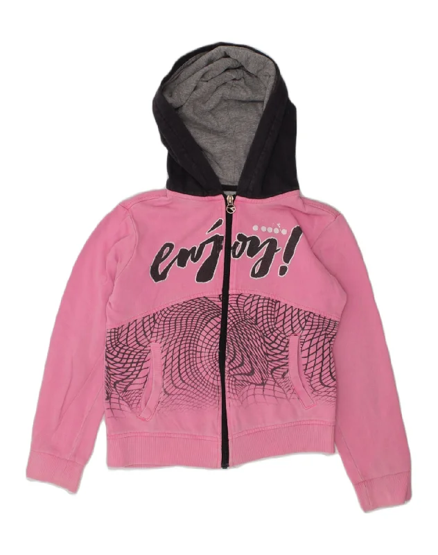 DIADORA Girls Graphic Zip Hoodie Sweater 7-8 Years Medium Pink Cotton