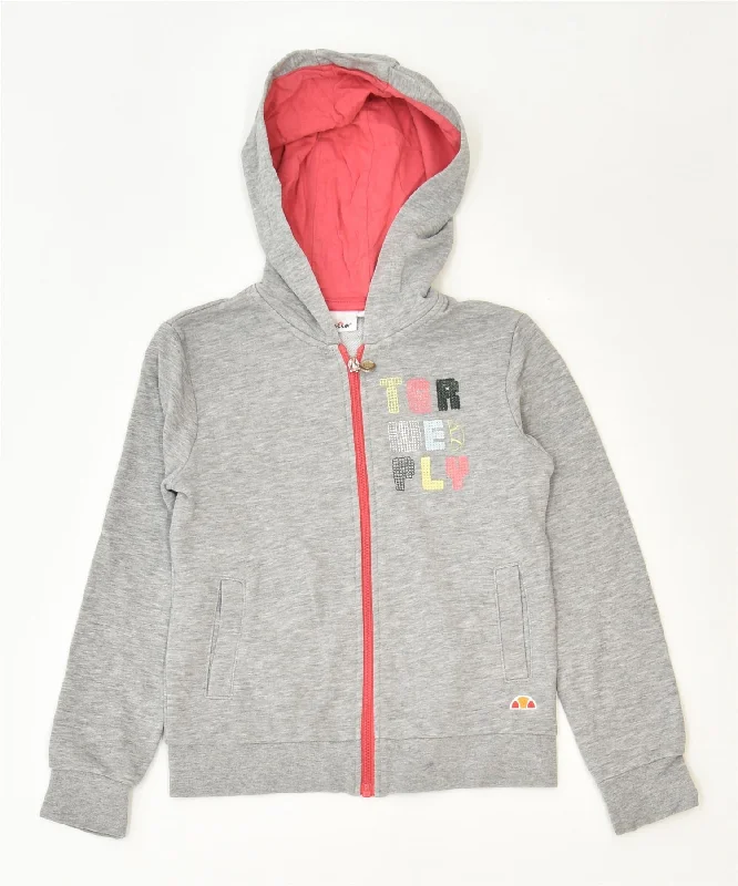 ELLESSE Girls Graphic Zip Hoodie Sweater 5-6 Years Grey Cotton Sports