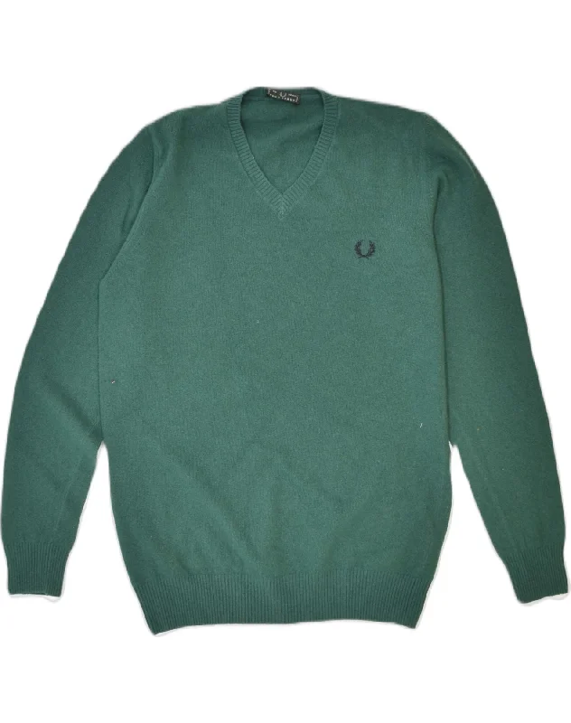 FRED PERRY Boys V-Neck Jumper Sweater 15-16 Years Green Wool