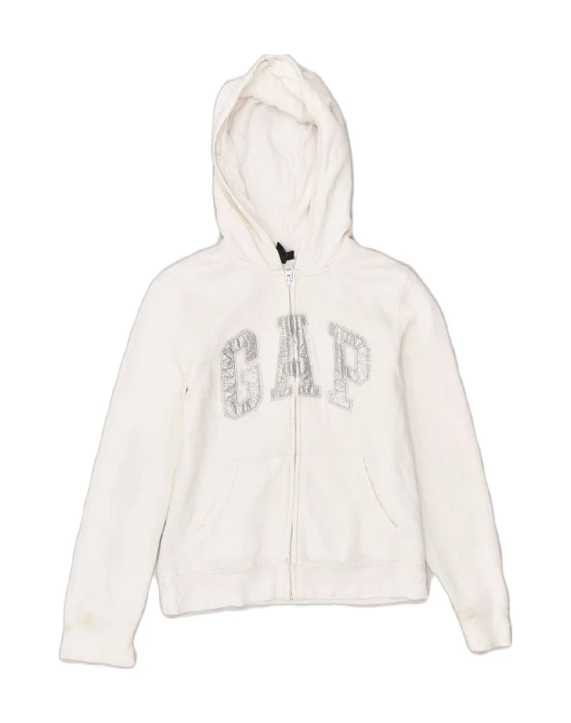 GAP Girls Graphic Zip Hoodie Sweater 12-13 Years  White Cotton