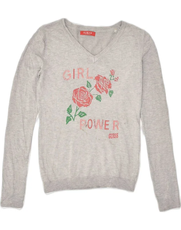 GUESS Girls Graphic V-Neck Jumper Sweater 15-16 Years Grey Floral Cotton