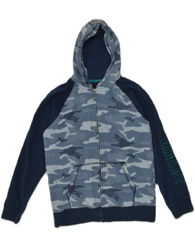 HURLEY Boys Graphic Zip Hoodie Sweater 14-15 Years XL Blue Camouflage