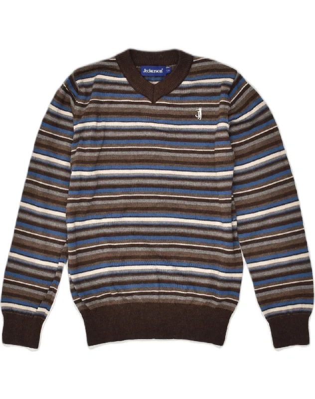 JECKERSON Boys V-Neck Jumper Sweater 10-11 Years Brown Striped Wool