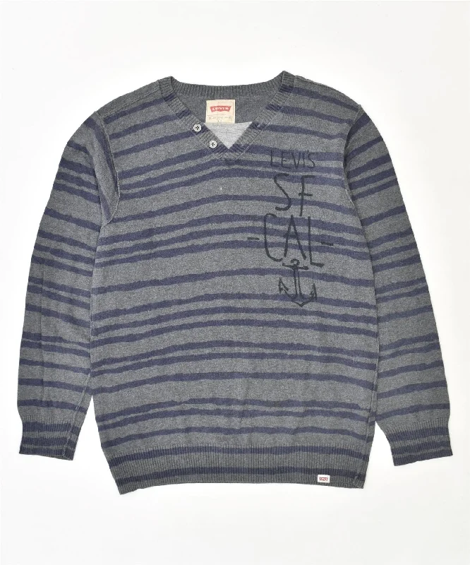 LEVI'S Boys Graphic V-Neck Jumper Sweater 13-14 Years Grey Striped Cotton