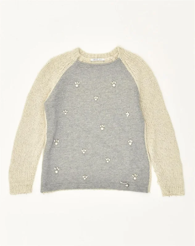 LIU JO Girls Crew Neck Jumper Sweater 9-10 Years Grey Colourblock Wool