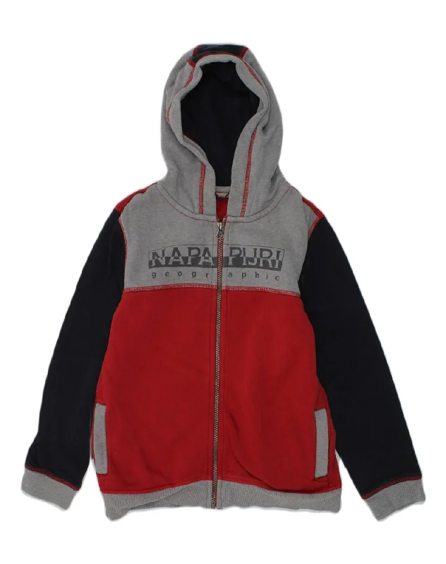 NAPAPIJRI Boys Zip Hoodie Sweater 9-10 Years Red Colourblock Cotton