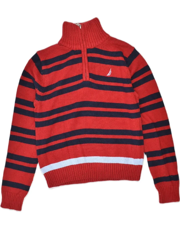 NAUTICA Boys Zip Neck Jumper Sweater 7-8 Years Small Red Striped Classic