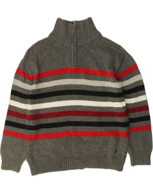 NAUTICA Girls Zip Neck Jumper Sweater 6-7 Years Grey Striped Cotton