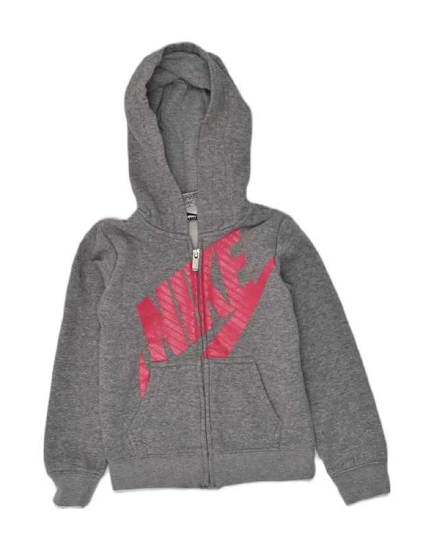 NIKE Girls Graphic Zip Hoodie Sweater 5-6 Years Medium Grey Cotton