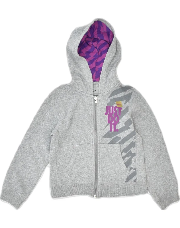 NIKE Girls Graphic Zip Hoodie Sweater 5-6 Years Medium Grey Cotton