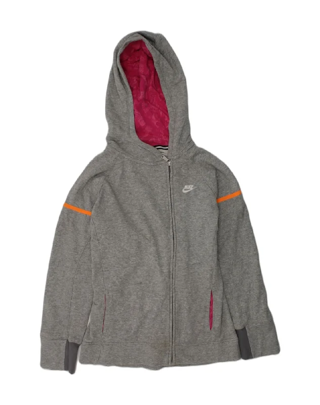 NIKE Girls Zip Hoodie Sweater 12-13 Years Large Grey Cotton