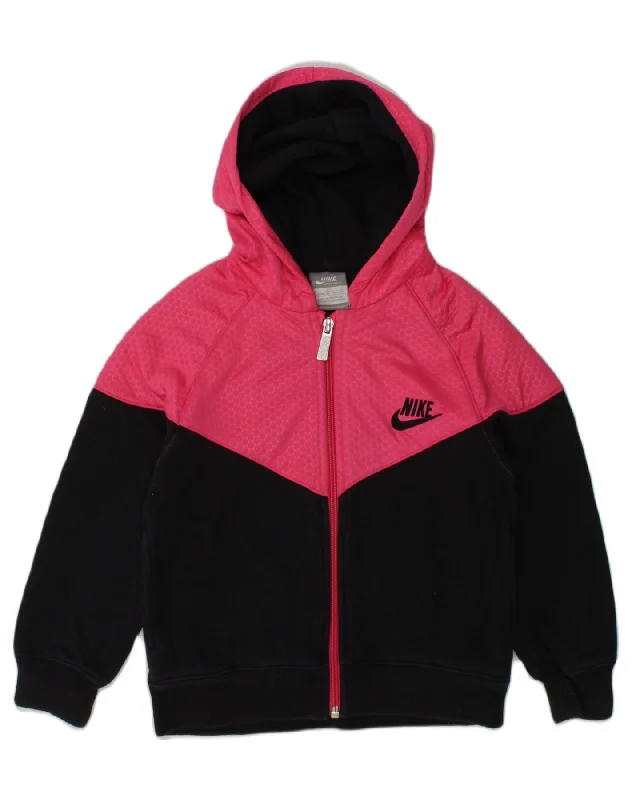 NIKE Girls Zip Hoodie Sweater 4-5 Years Small Black Colourblock Cotton