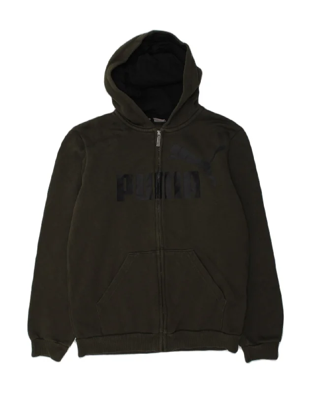 PUMA Boys Graphic Zip Hoodie Sweater 12-13 Years Khaki Cotton