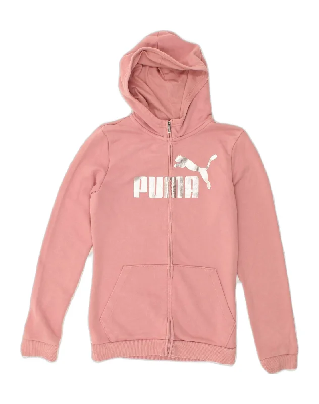 PUMA Girls Graphic Zip Hoodie Sweater 15-16 Years Pink Cotton