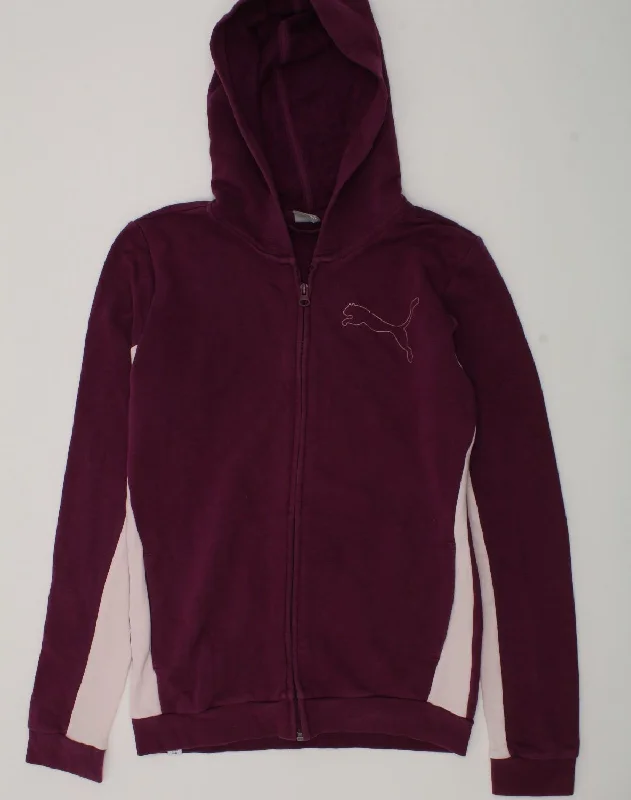 PUMA Girls Zip Hoodie Sweater 13-14 Years Burgundy Colourblock Cotton