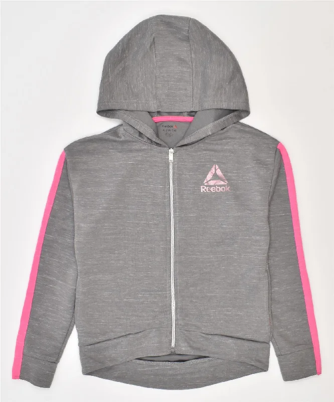 REEBOK Girls Zip Hoodie Sweater 14-15 Years XL Grey Polyester