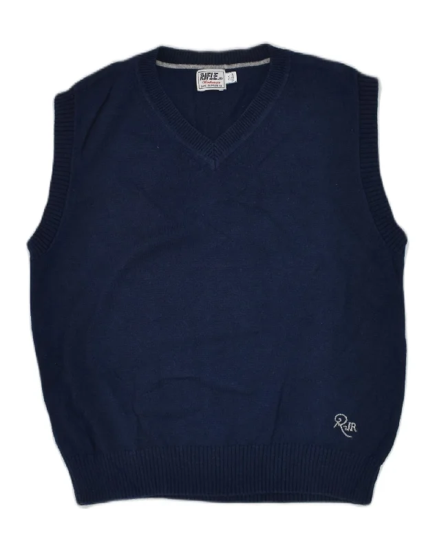 RIFLE Boys Sleeveless V-Neck Jumper Sweater 7-8 Years Navy Blue Cotton