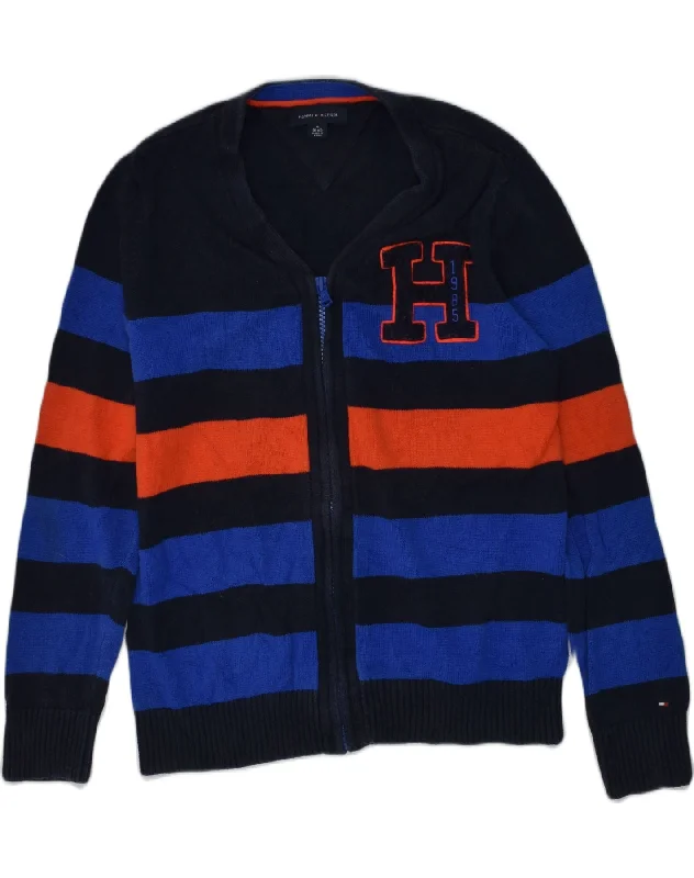 TOMMY HILFIGER Boys Cardigan Sweater 8-9 Years Medium Blue Striped Cotton