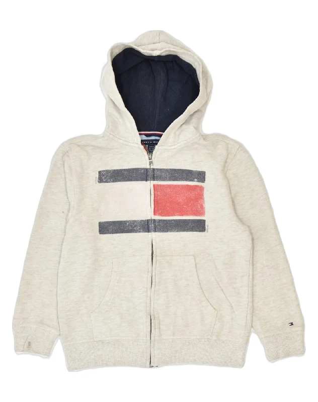 TOMMY HILFIGER Boys Graphic Zip Hoodie Sweater 12-13 Years Medium Beige