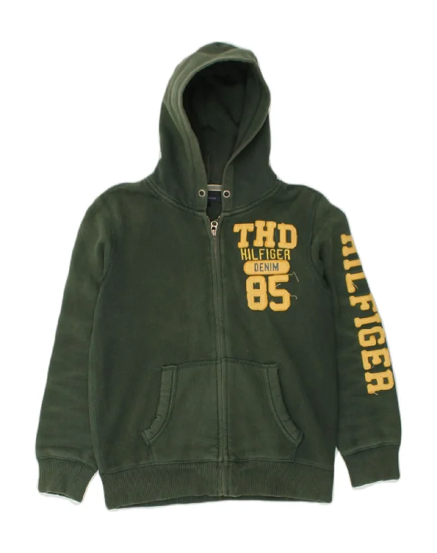 TOMMY HILFIGER Boys Graphic Zip Hoodie Sweater 13-14 Years Green Cotton