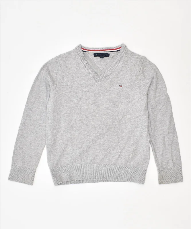 TOMMY HILFIGER Boys V-Neck Jumper Sweater 5-6 Years Grey Cotton