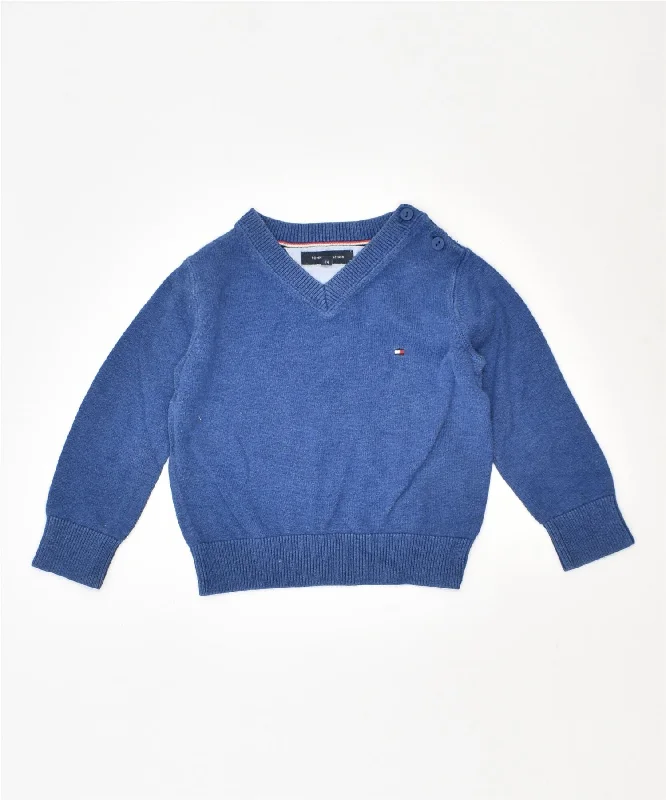 TOMMY HILFIGER Boys V-Neck Jumper Sweater 9-12 Months Blue Cotton