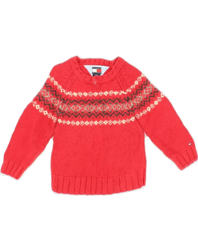 TOMMY HILFIGER Girls Crew Neck Jumper Sweater 3-4 Years Red Fair Isle