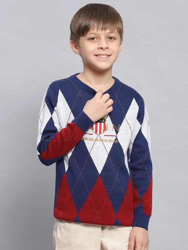 Boys Blue Self Design Round Neck Full Sleeve Sweater