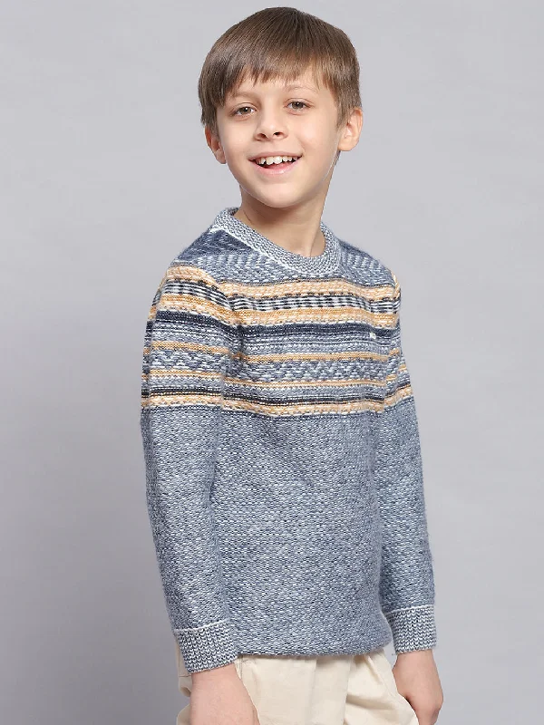 Boys Blue Self Design Round Neck Full Sleeve Sweater