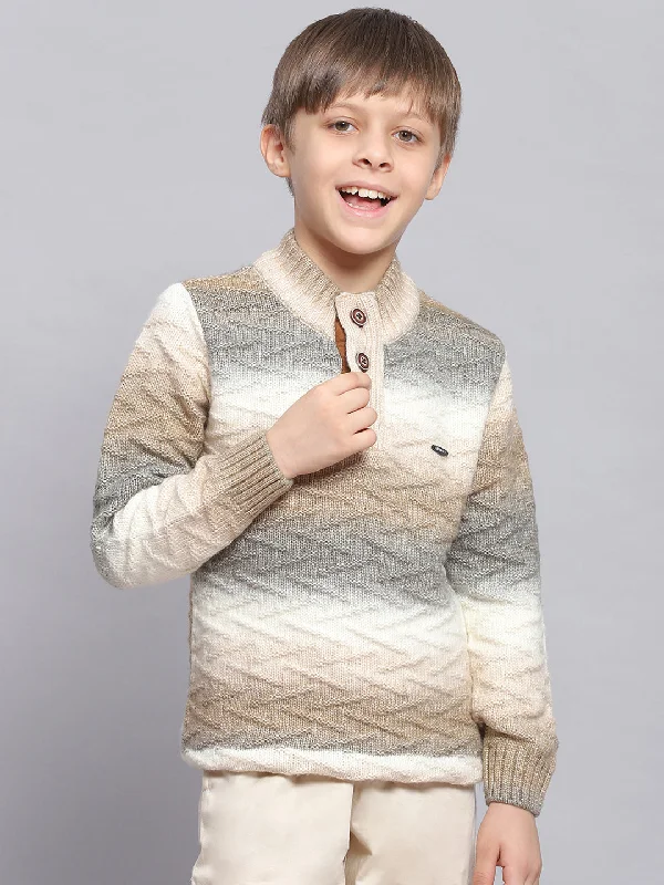 Boys Brown Self Design Round Neck Full Sleeve Sweater