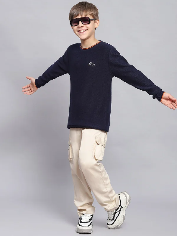 Boys Navy Blue Solid Round Neck Full Sleeve Sweater