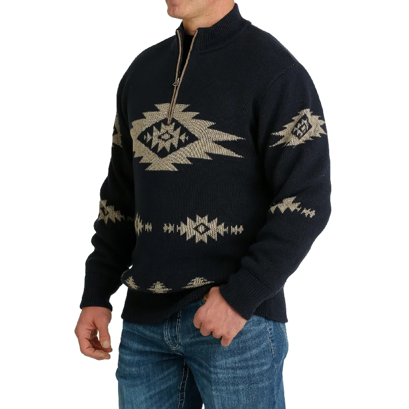 Men's 1/4 Zip Print Pullover Sweater - Navy Aztec